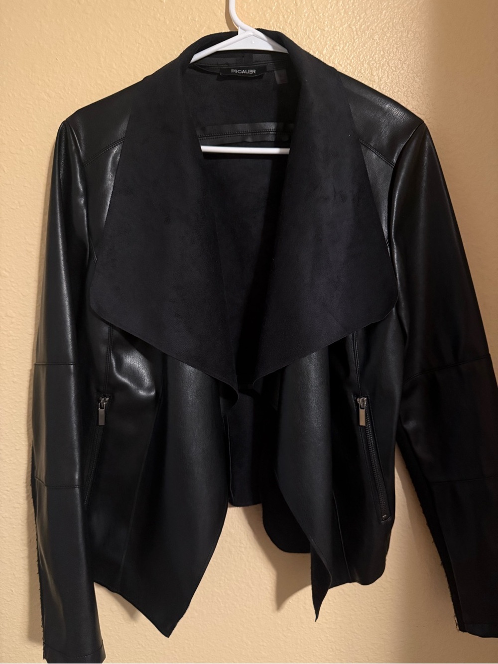 Black Faux Leather Draped Open Front Jacket